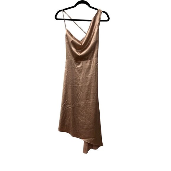 NWD Lulu's Size M Sereno Satin Cowl Neck Asymmetrical Midi Dress In Champagne - Picture 3 of 14